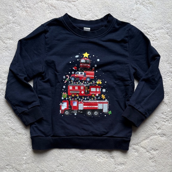 Other - 5T Fire Truck Christmas Graphic Sweatshirt - Navy Blue; Pre-Washed